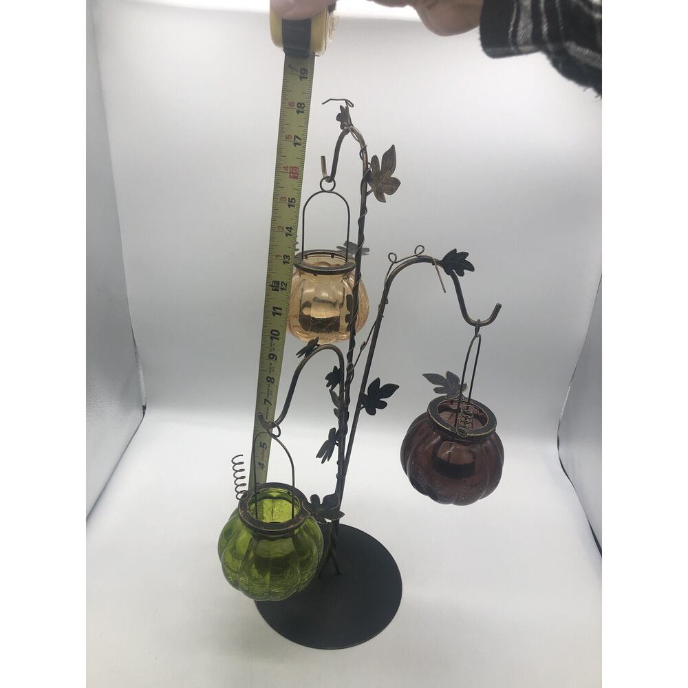 Metal Leaves Candle holders with Tri-color Crack Designed Glasses 18”Tall - Picture 11 of 12